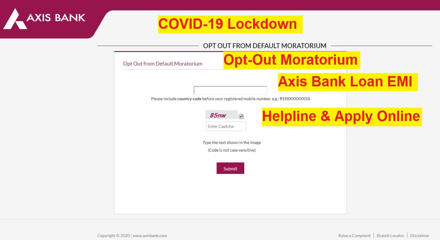 axis bank loan emi opt-out moratorium apply online