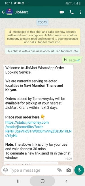 jiomart whatsapp order placing